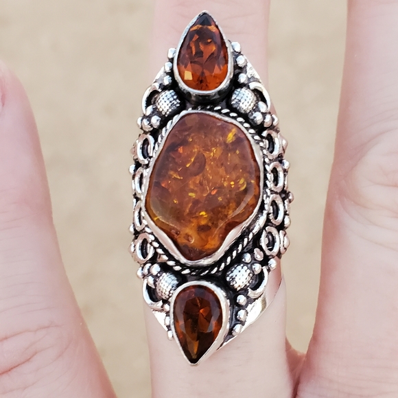New Baltic Amber & Citrine 925 Silver Statement Ring. - Picture 5 of 13